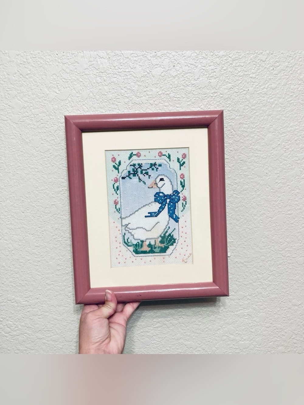 Vintage 1980s white Duck goose with blue bow cross stitch framed Art